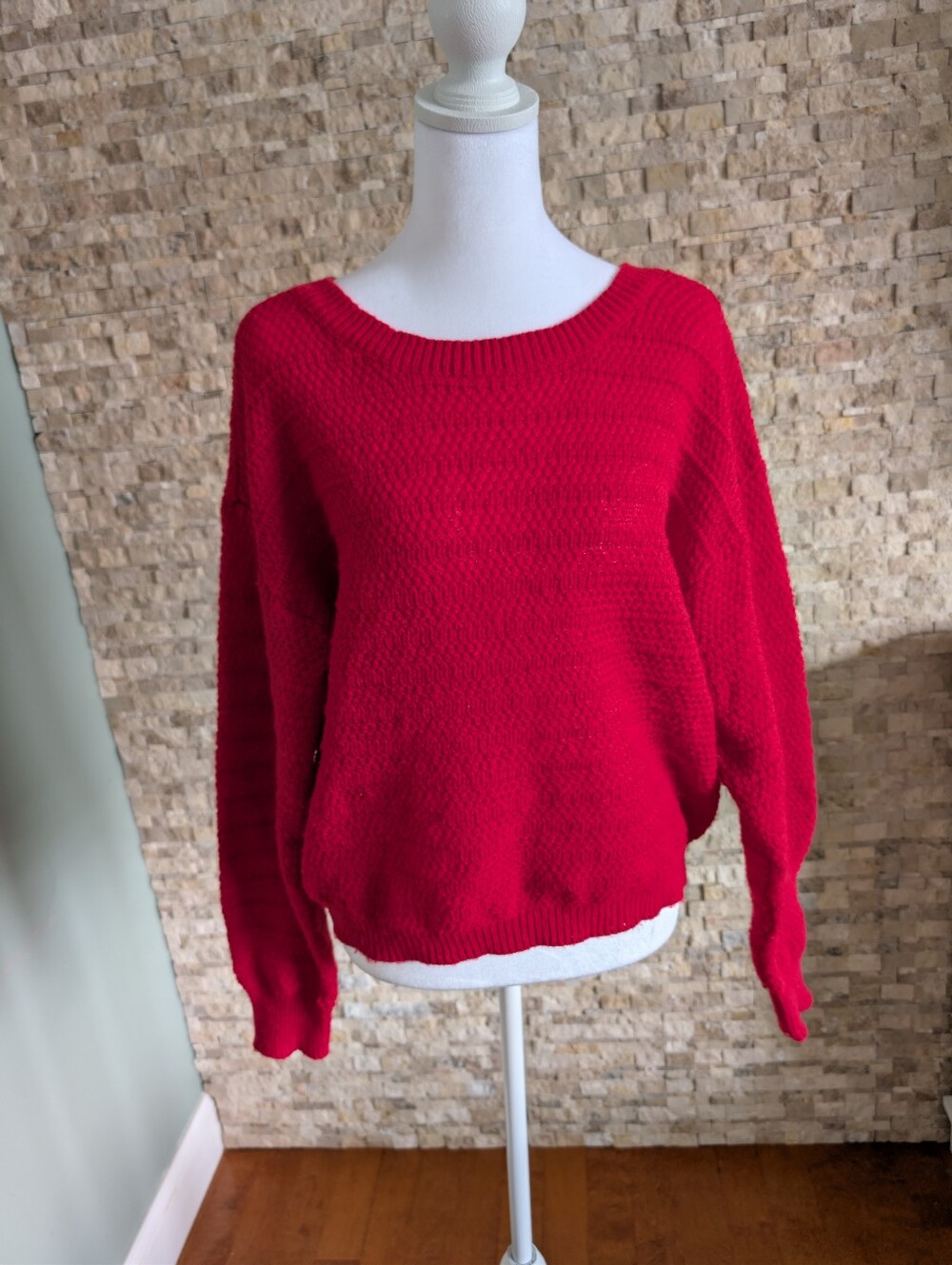 Bow Back Red Knit Sweater Long Sleeve Holiday Festive Valentine Romantic Sz L